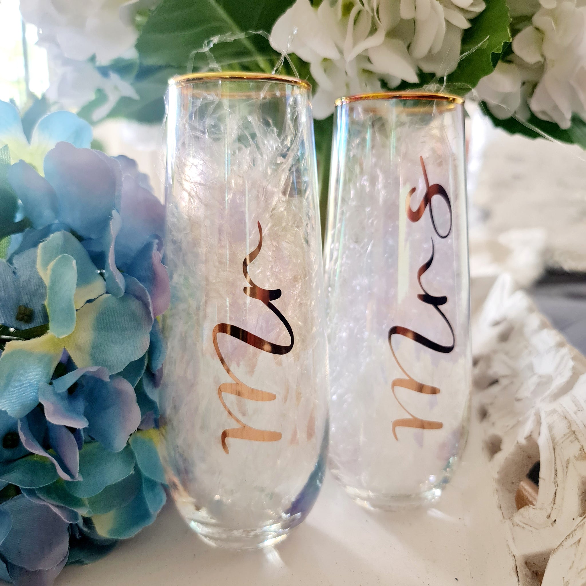 Mr & Mrs Stemless Champagne Glasses