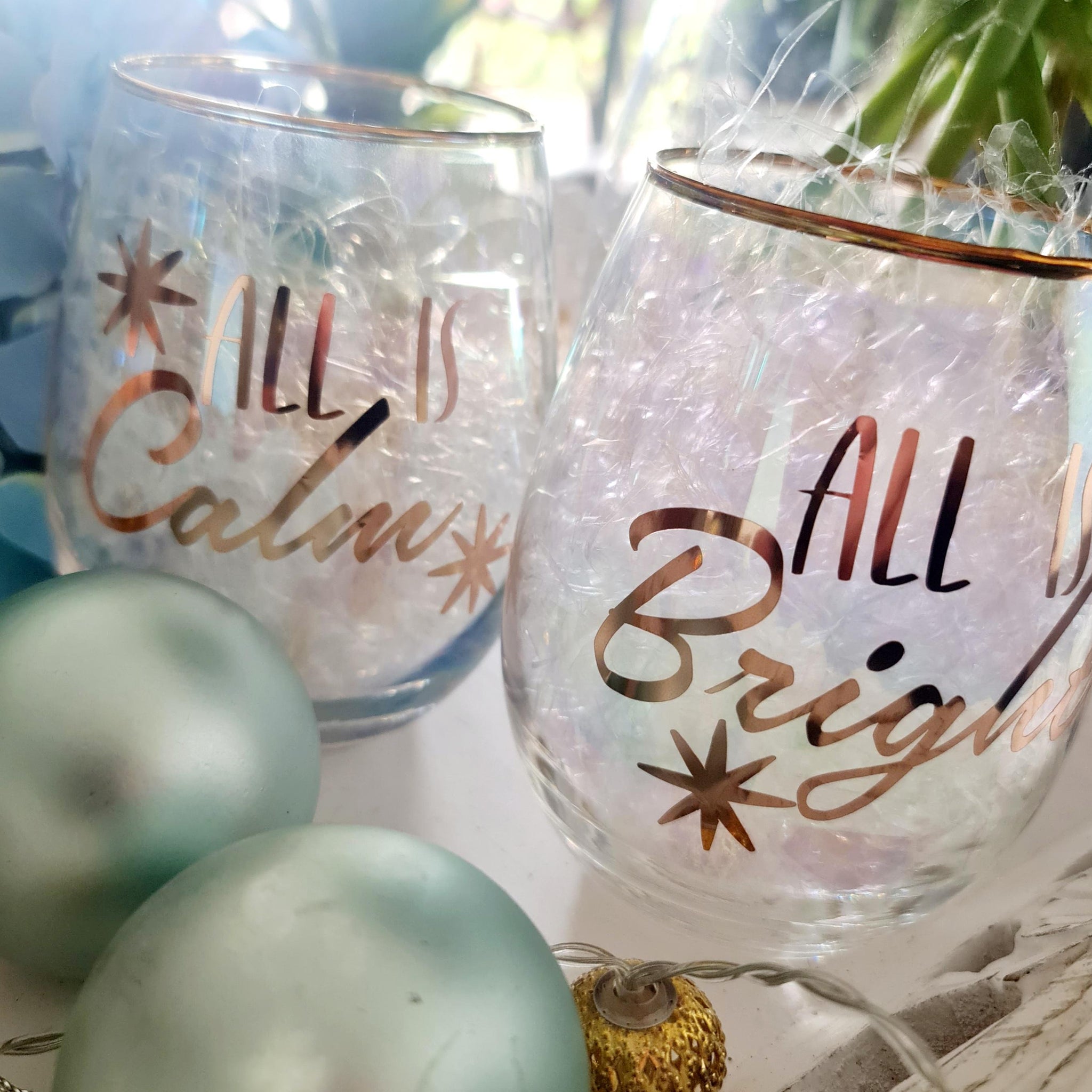 All is Calm, All is Bright Stemless Wine Glasses