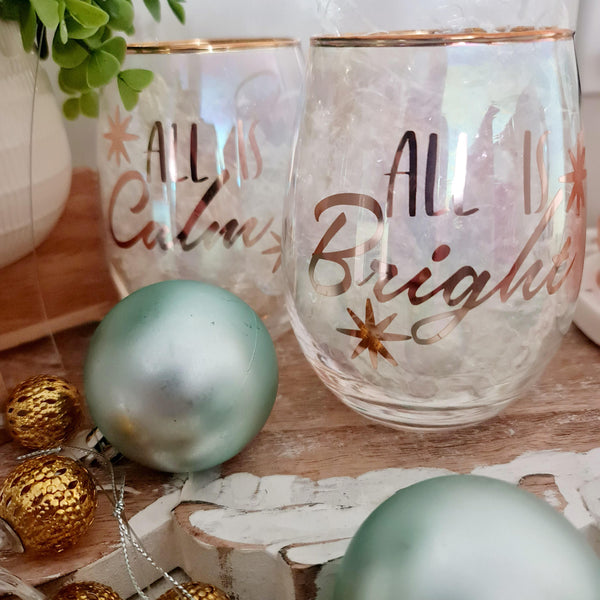 All is Calm, All is Bright Stemless Wine Glasses